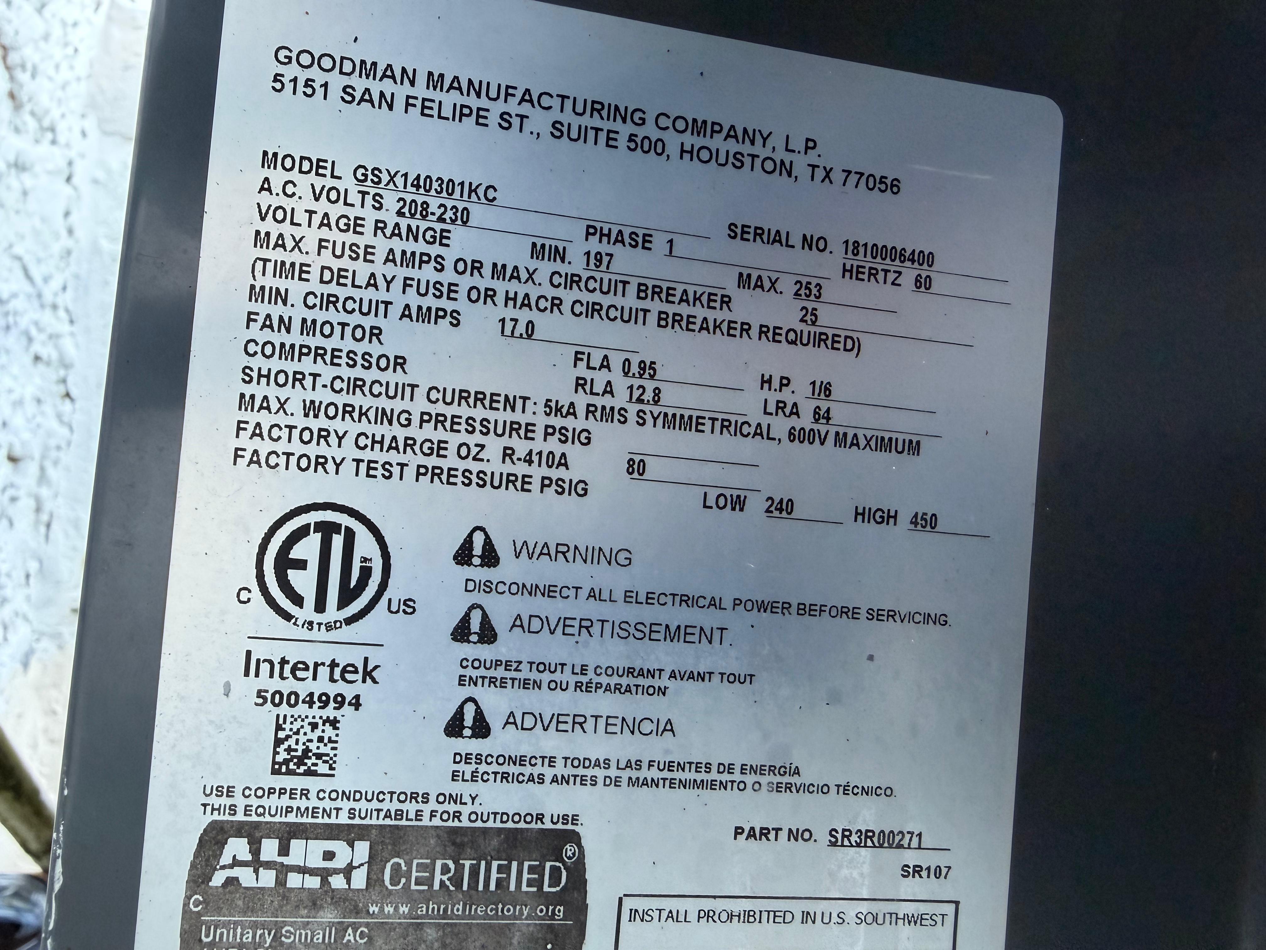 Goodman AC unit data tag — model GSX140301KC AHRI certified